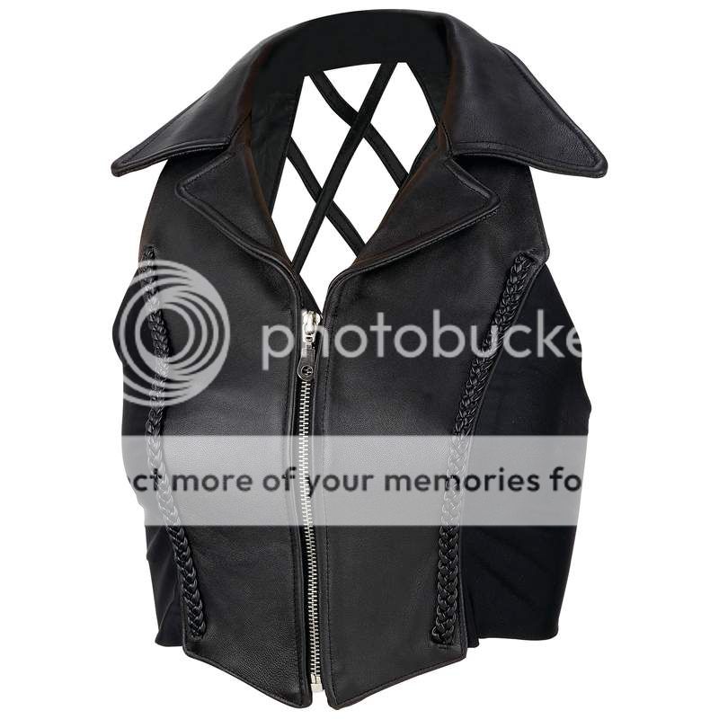 Ladies Real Black Leather Halter Motorcycle Biker Vest w/crosshatch